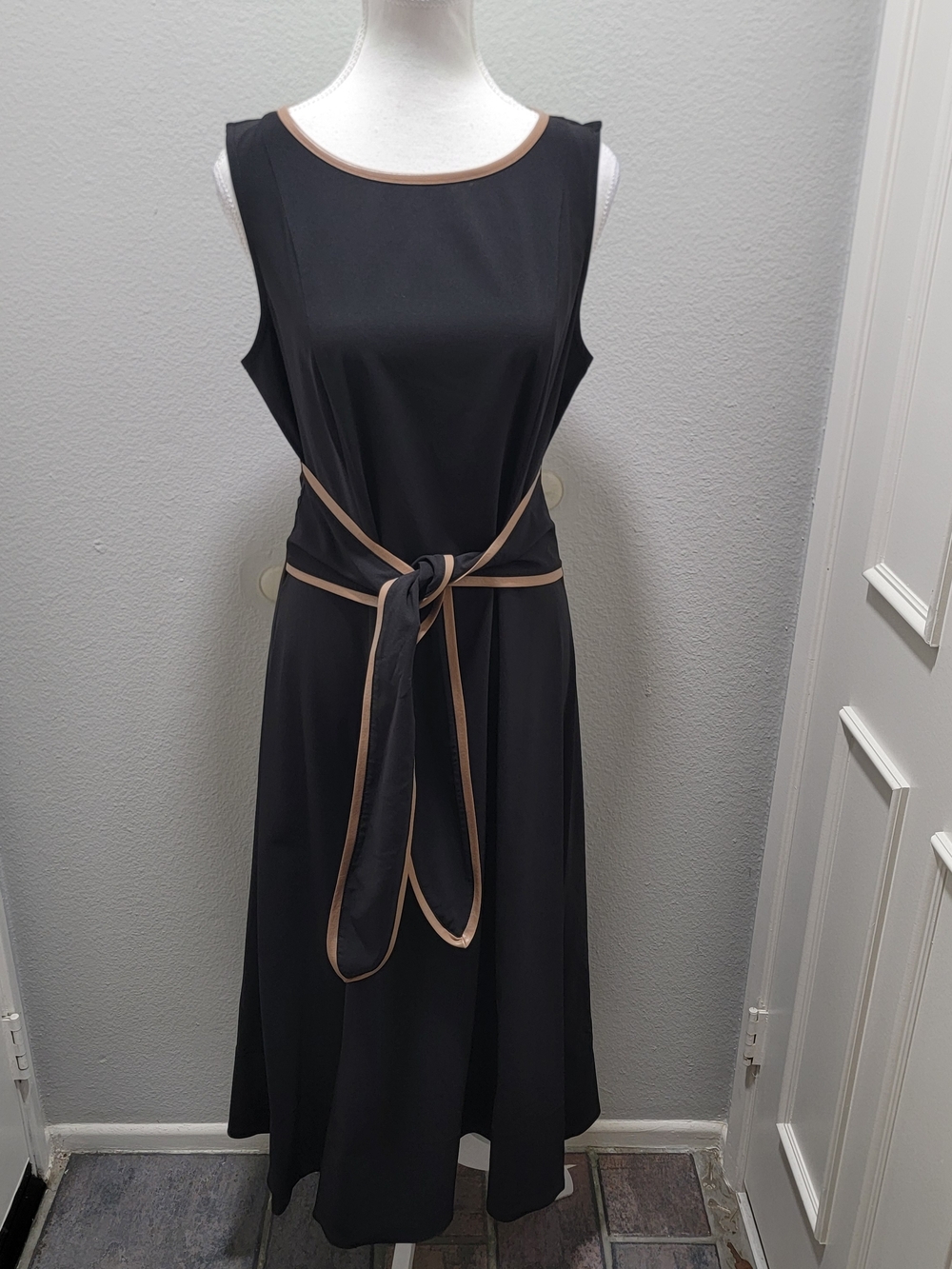 Joseph Ribkoff Black Midi Dress with Tan Trim